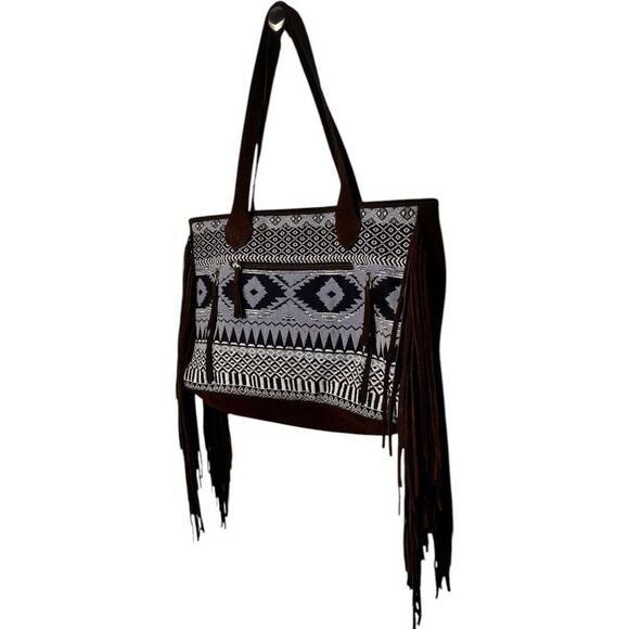 Ariat Madison Woven Concealed Carry Blue Brown Tote Bag Aztec Suede Fringe Large - Picture 10 of 10